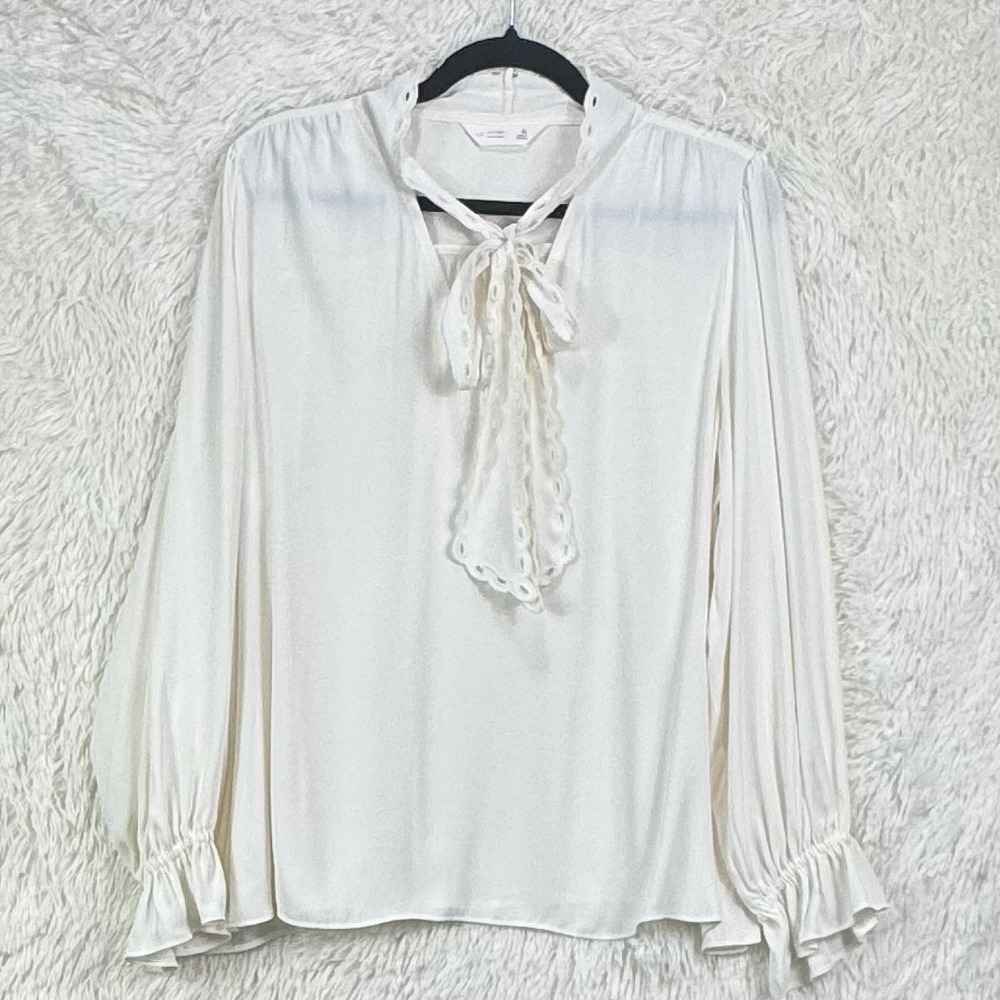 LC Lauren Conrad Ivory Tie Neck Ruffle Sleeve Blouse XL